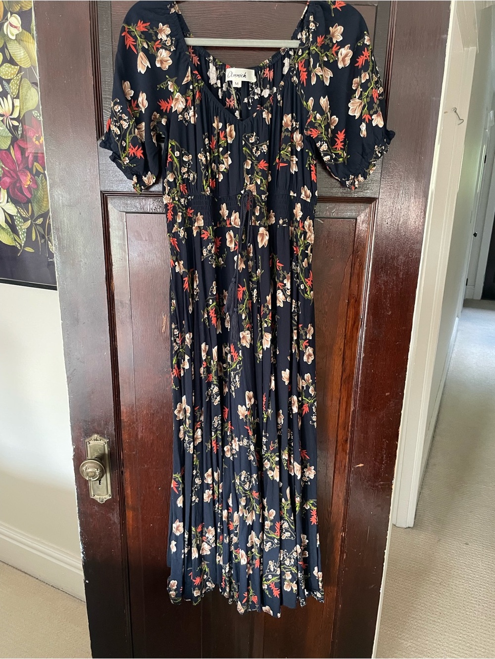 Navy Floral Maxi Dress with Puff Sleeves